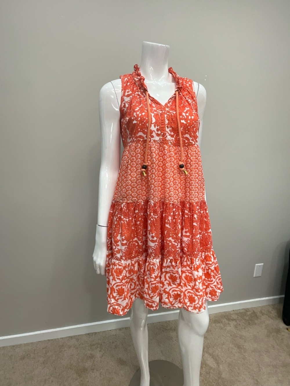 CHELSEA & THEODORE Orange Tiered Dress Boho Sleeveless Resort Vacation XS